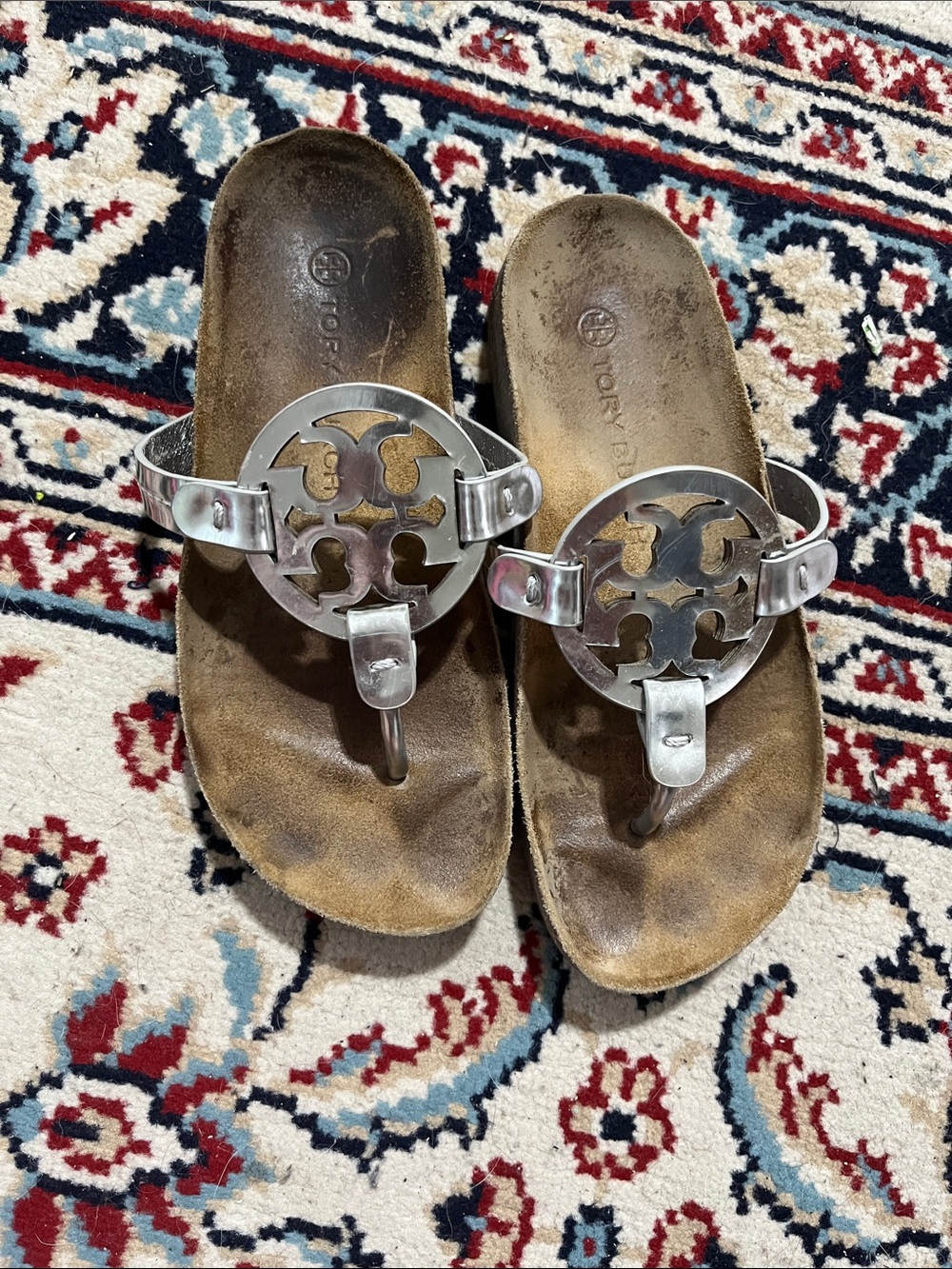 Tory Burch Silver Logo Thong Sandals with Brown Footbed